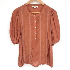 Loft Terracotta Eyelet Embroidered Puff Sleeve Button-Down Top Size M